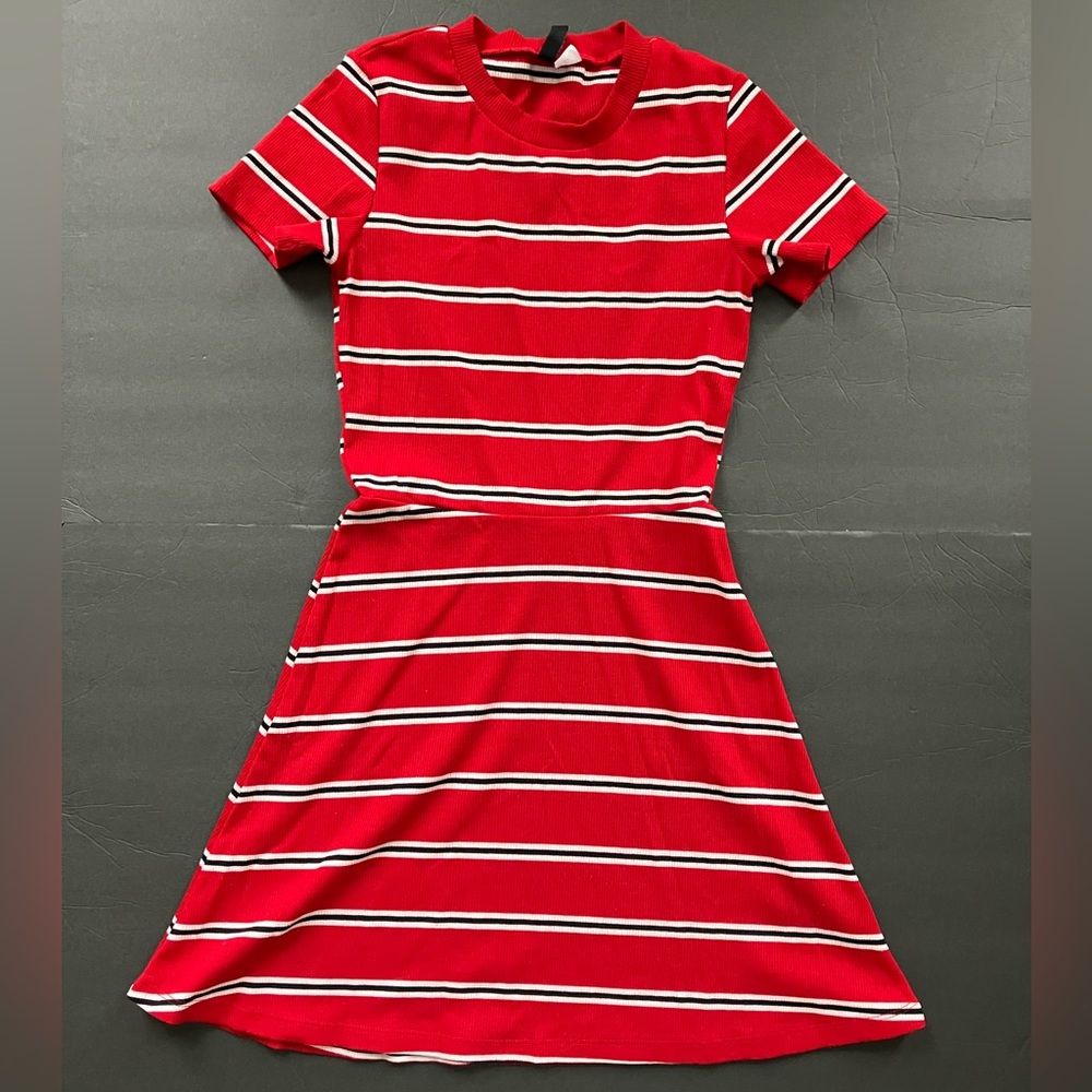 Red short-sleeved mini dress with black and white stripes